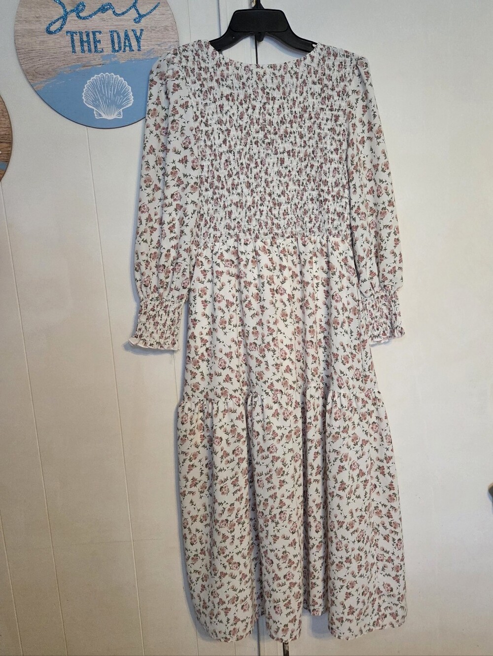 Seasty Floral Smocked White Maxi Dress L Long Sleeve Puff Sleeve Lined